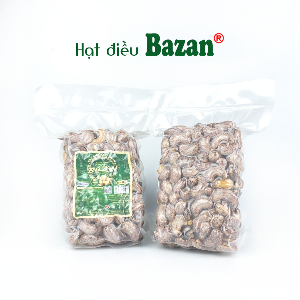 Hạt điều rang muối Bazan Bình Phước nguyên hạt dinh dưỡng loại 1 túi hút chân không 500g còn vỏ lụa