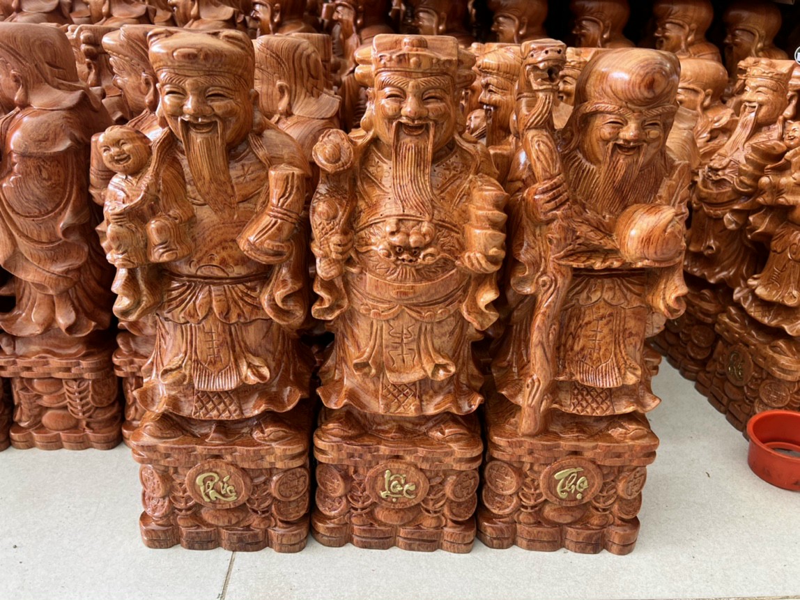 Bộ 3 tượng tam đa Phúc Lộc Thọ gỗ hương cao 30cm hàng nguyên khối