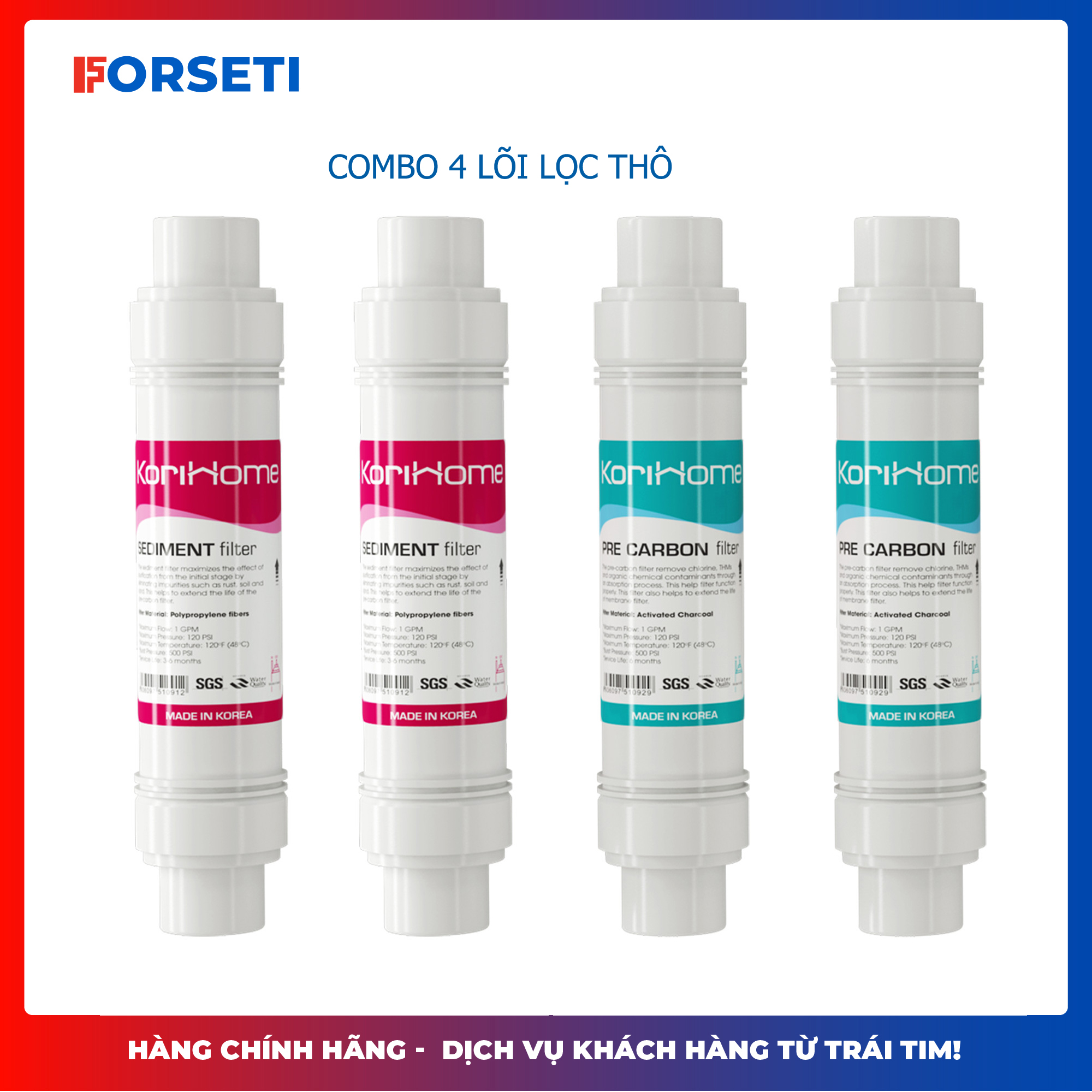 Combo 4 lõi lọc thô: 2 Sediment + 2 Pre carbon chính hãng Korihome 