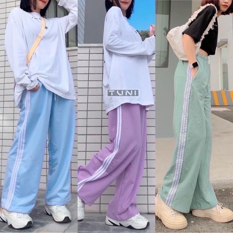 Quần Thể Thao Dáng Dài RAINBOW Nữ Quần Culottes Suông Ống Rộng Kẻ Sọc Phối Màu So Hot