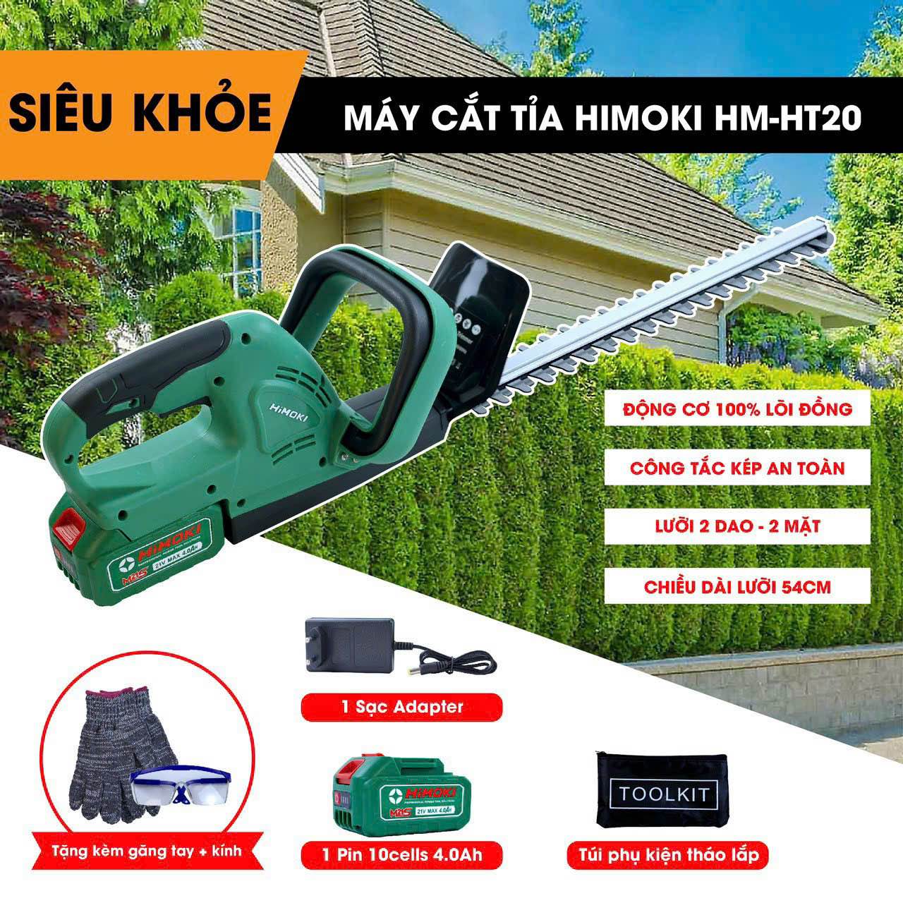 Máy Cắt Tỉa Hàng Rào Cây Cảnh Dùng Pin HIMOKI HM-T20 Lõi Đồng 100% Lam Dài 60cm Công suất 3000W