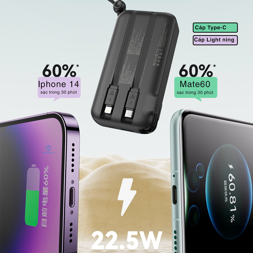 Pin sạc dự phòng ROCKSPACE Y30 10000mah sạc nhanh 22,5W tích hợp củ sạc, hàng chính hãng bảo hành 12 tháng