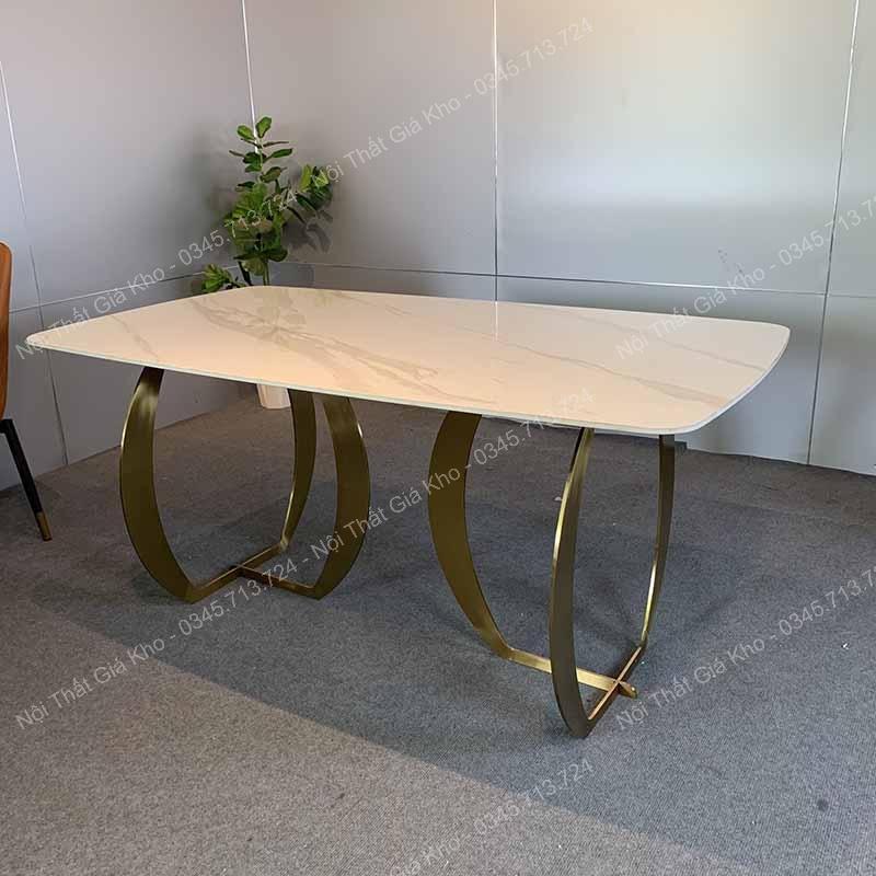 Bàn ăn mặt đá phiến , đá ceramic bóng dày 12mm chống trầy xước, ố vàng, chân 3 cấu inox mạ vàng PVD sáng bóng