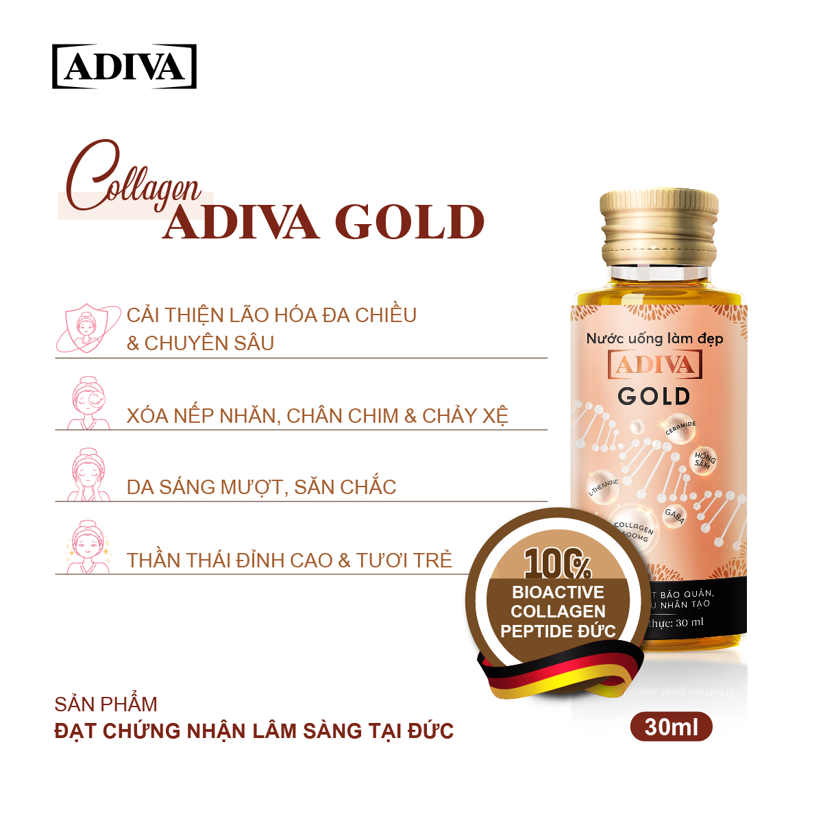 2 Hộp Nước Uống Làm Đẹp Collagen ADIVA Gold (14 Chai/Hộp) + 1 Hộp Viên Uống Trắng Da White ADIVA 60 Viên