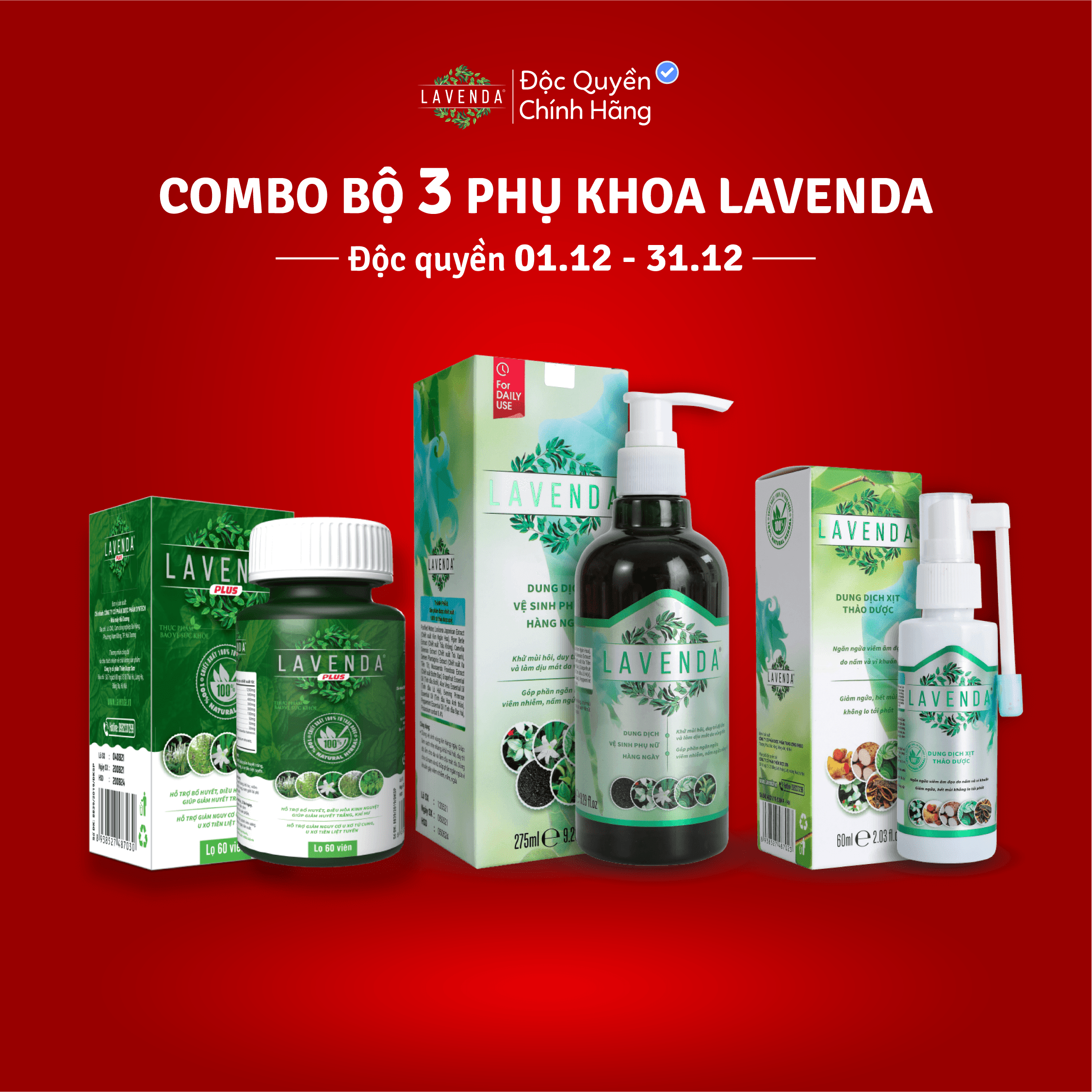 Combo bộ 3 sản phẩm Lavenda xịt, rửa, Lavenda Plus kết hợp Hỗ trợ điều trị hiệu quả các bệnh Phụ khoa, nhanh chóng cải thiện mọi vấn đề liên quan đến phụ khoa, đem lại sức khỏe và hạnh phúc cho người dùng