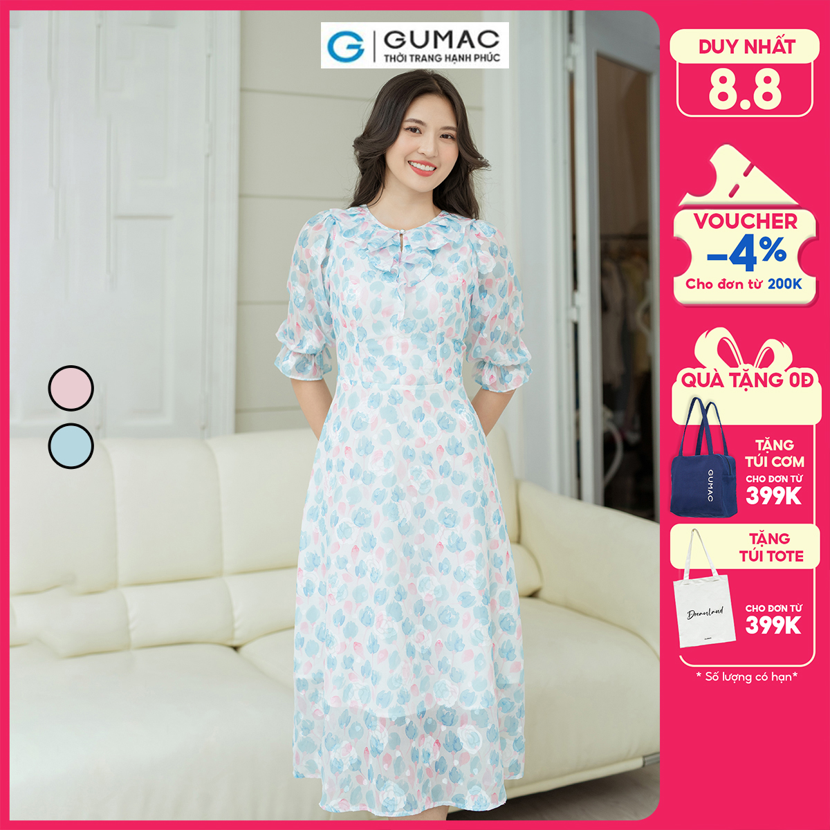 Đầm hoa cổ bèo GUMAC DD08027