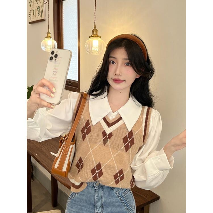 Áo gile len nữ kẻ sọc caro cổ chữ V họa tiết kim cương phối viền kiểu Hàn Quốc hàng Quảng Châu đẹp H-14