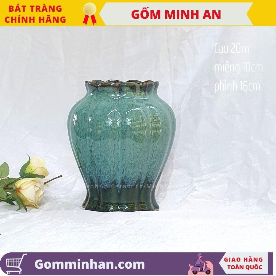 Bình Hoa Lọ Hoa Dáng Thấp Màu Xanh Miệng Lượn- Gốm Sứ Bát Tràng- Gốm Minh An