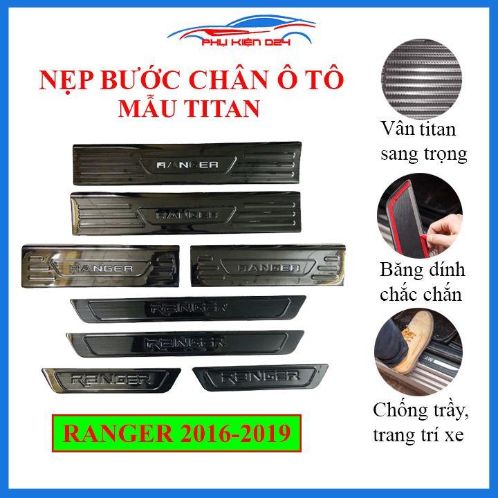 Bộ ốp bậc cửa trong ngoài nẹp bước chân Ranger 2016-2017-2018-2019 vân Titan chống trầy trang trí xe