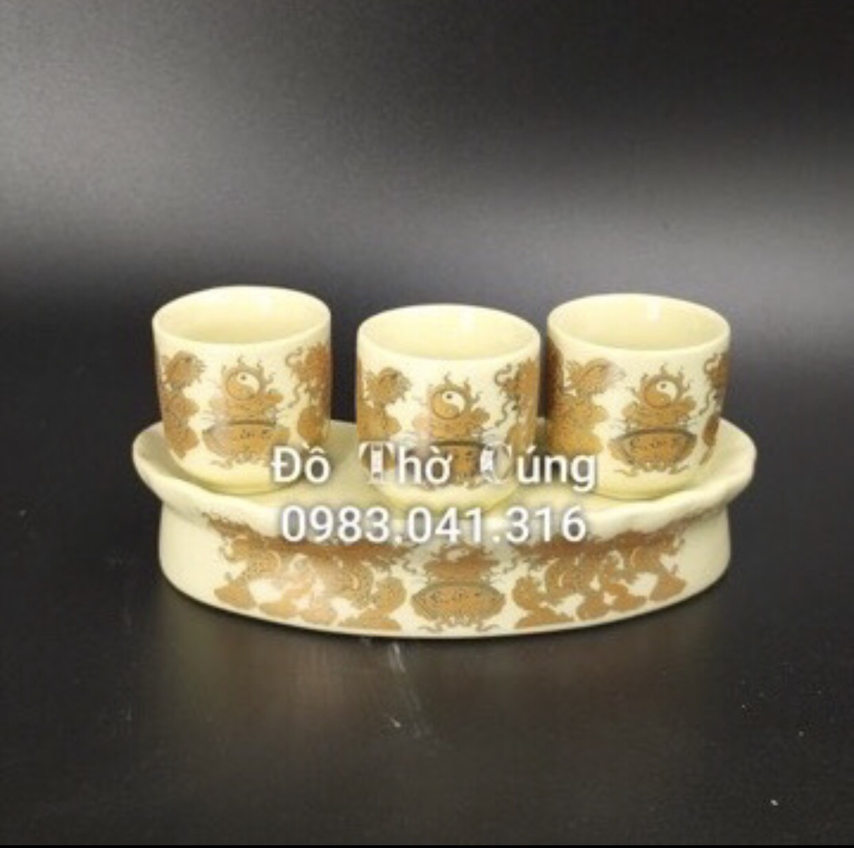 BỘ CÚNG NƯỚC THỜ BẰNG SỨ HỌA TIẾT VẼ RỒNG VÀNG MẶT NGUYỆT KH18112