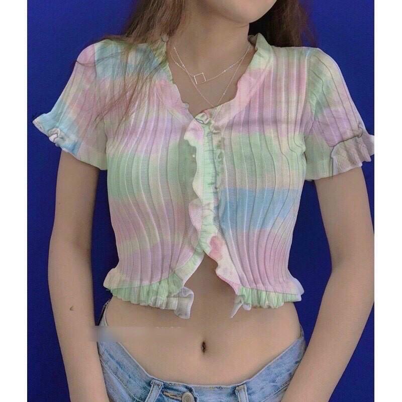 Áo croptop cổ V viền bèo loang xẻ nhẹ nhàng