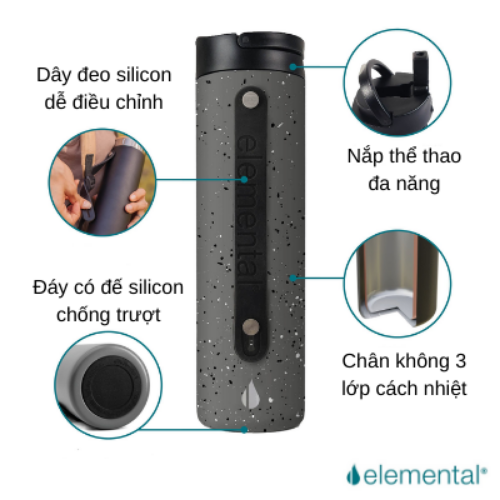 Bình giữ nhiệt Elemental Iconic sport màu xám đốm 590ml, giữ nhiệt vượt trội, inox 304, FDA Hoa Kì, An toàn sức khỏe