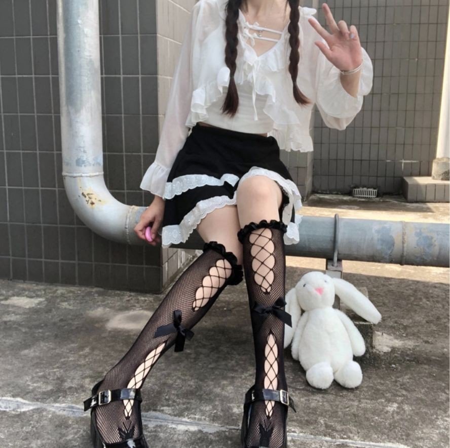 Tất, vớ bắp chân REN LƯỚI ĐÍNH NƠ Ở GIỮA phong cách lolita, thoáng mát, cá tính, cosplay Gợi Cảm Cho Nữ