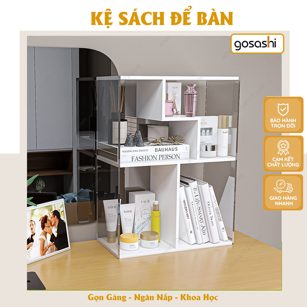 Kệ Sách Gỗ Kết Hợp Mika Trong Suốt Để Bàn 4 Ngăn Thiết Kế Mới Lạ Thanh Lịch Chắc Chắn, Thẩm Mỹ Phù Hợp Cho Việc Decor Góc Học Tập Và Bàn Làm Việc