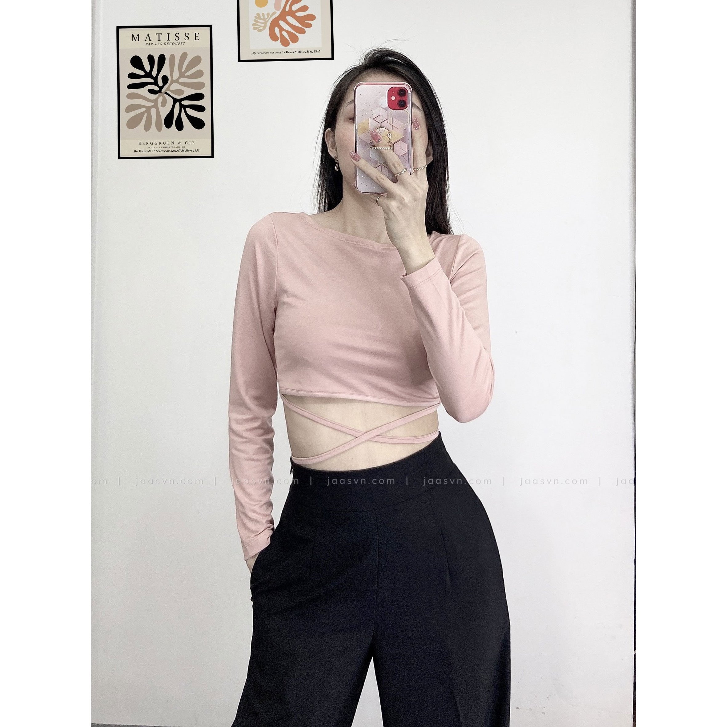 Áo croptop tay dài thắt dây eo cá tính