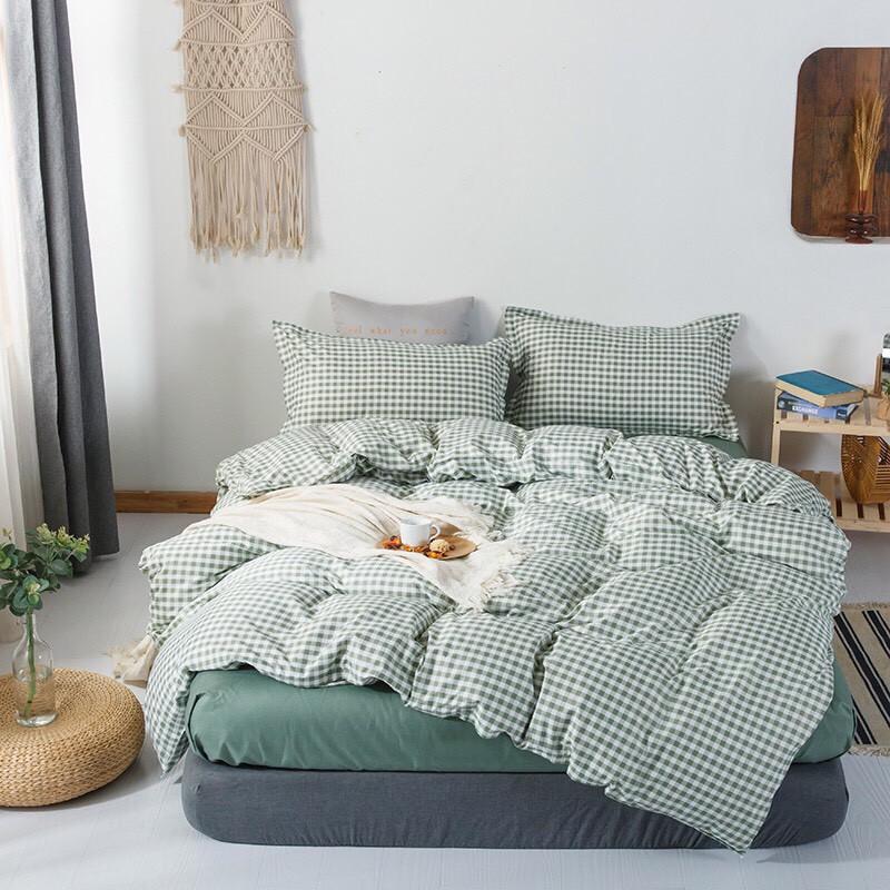 Bộ chăn ga gối Cotton Poly họa tiết caro xanh lá - phong cách Hàn Quốc