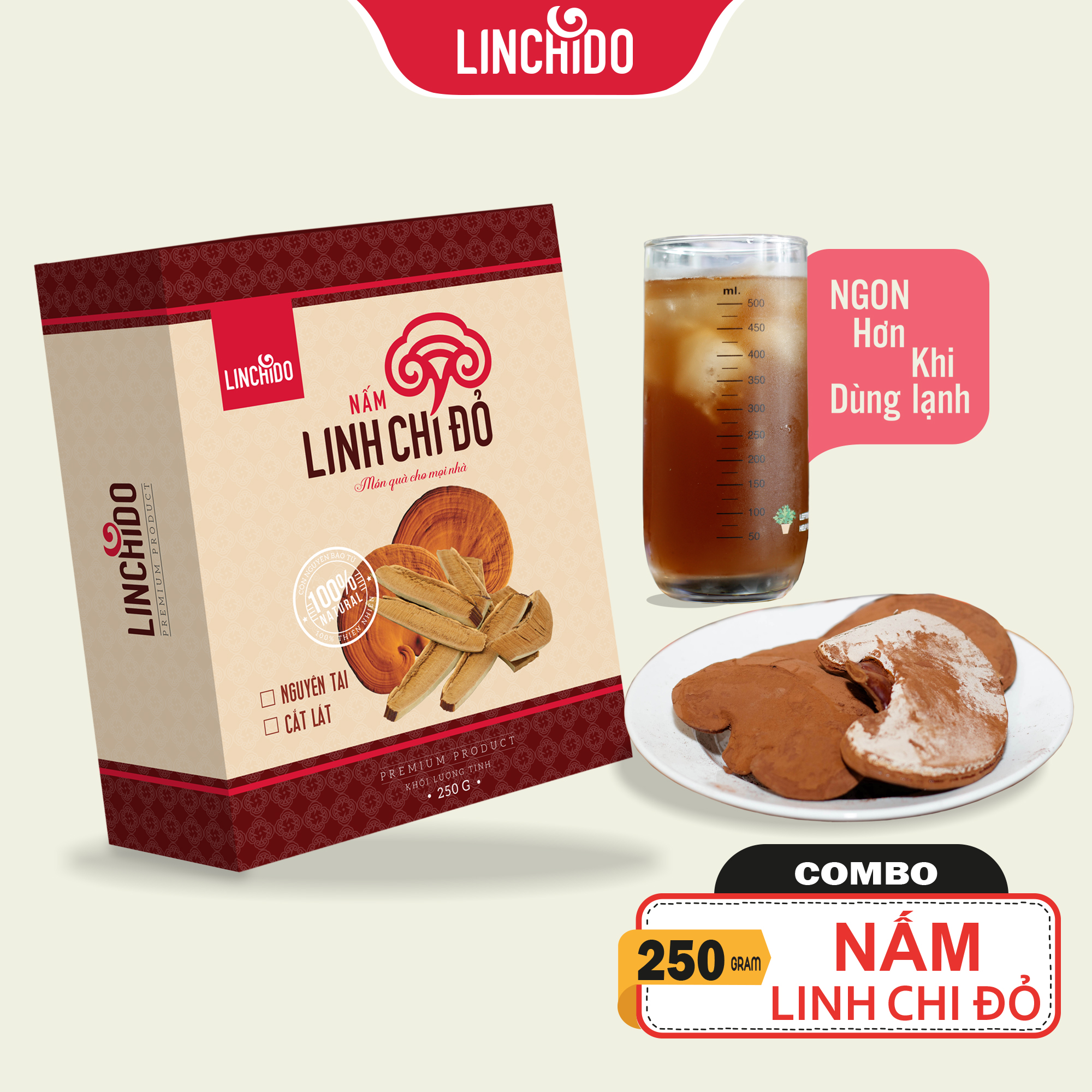 COMBO 4 HỘP NẤM LINH CHI NGUYÊN TAI 250 GRAM CÒN NGUYÊN BÀO TỬ