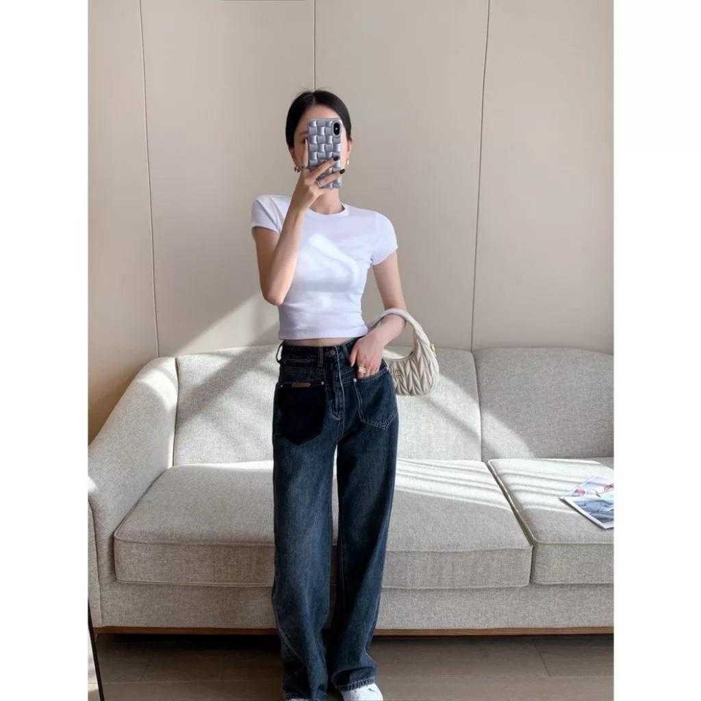Quần Jeans Nữ Ống Rộng Túi Trước Mác Da Cạp Cao Dáng Suông
