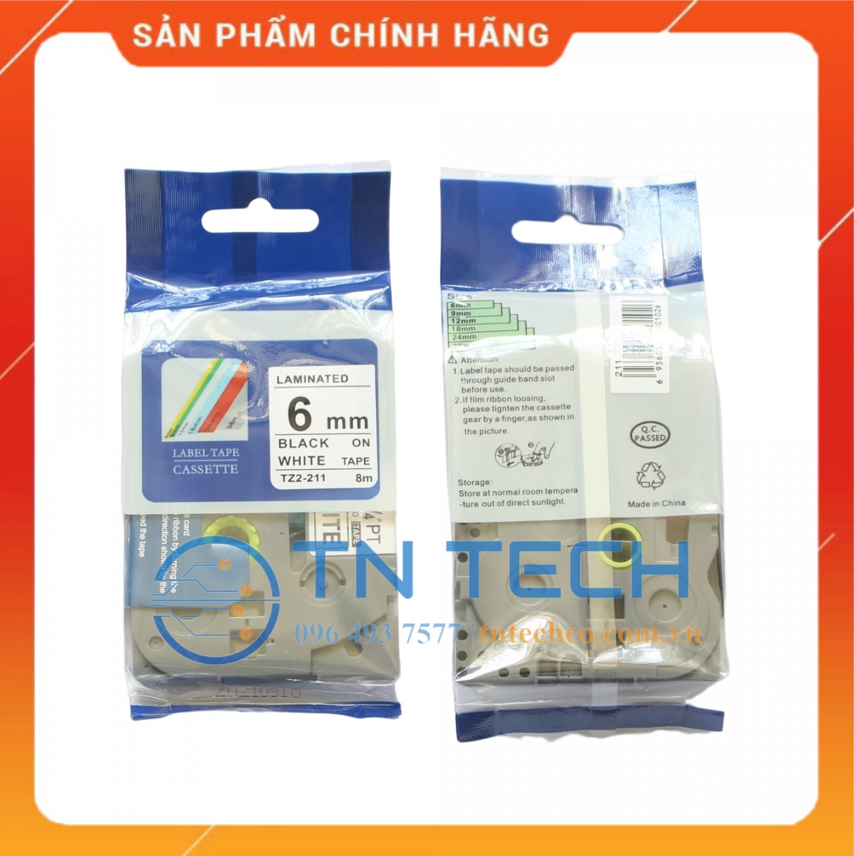 Nhãn In Tz2-211 - Đen nền trắng 6mm x 8m - Dùng cho máy in BROTHER - AIMO - PUTY [Hàng nhập khẩu]