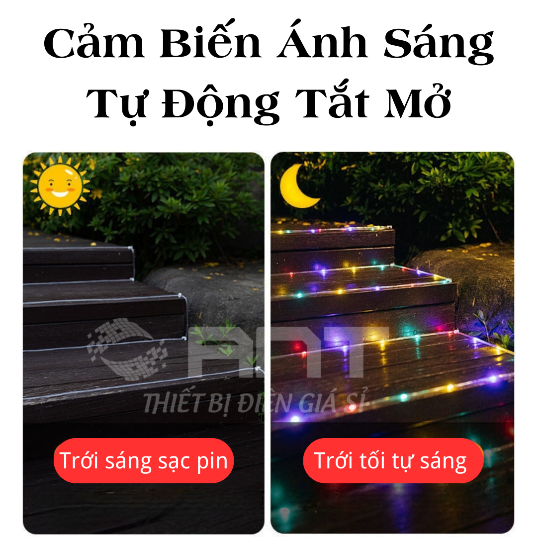 Đèn led trang trí ngoài trời, dây led năng lượng mặt trời, dây dài 10m chớp nhiều màu, có 8 chế độ kiểu chỉnh