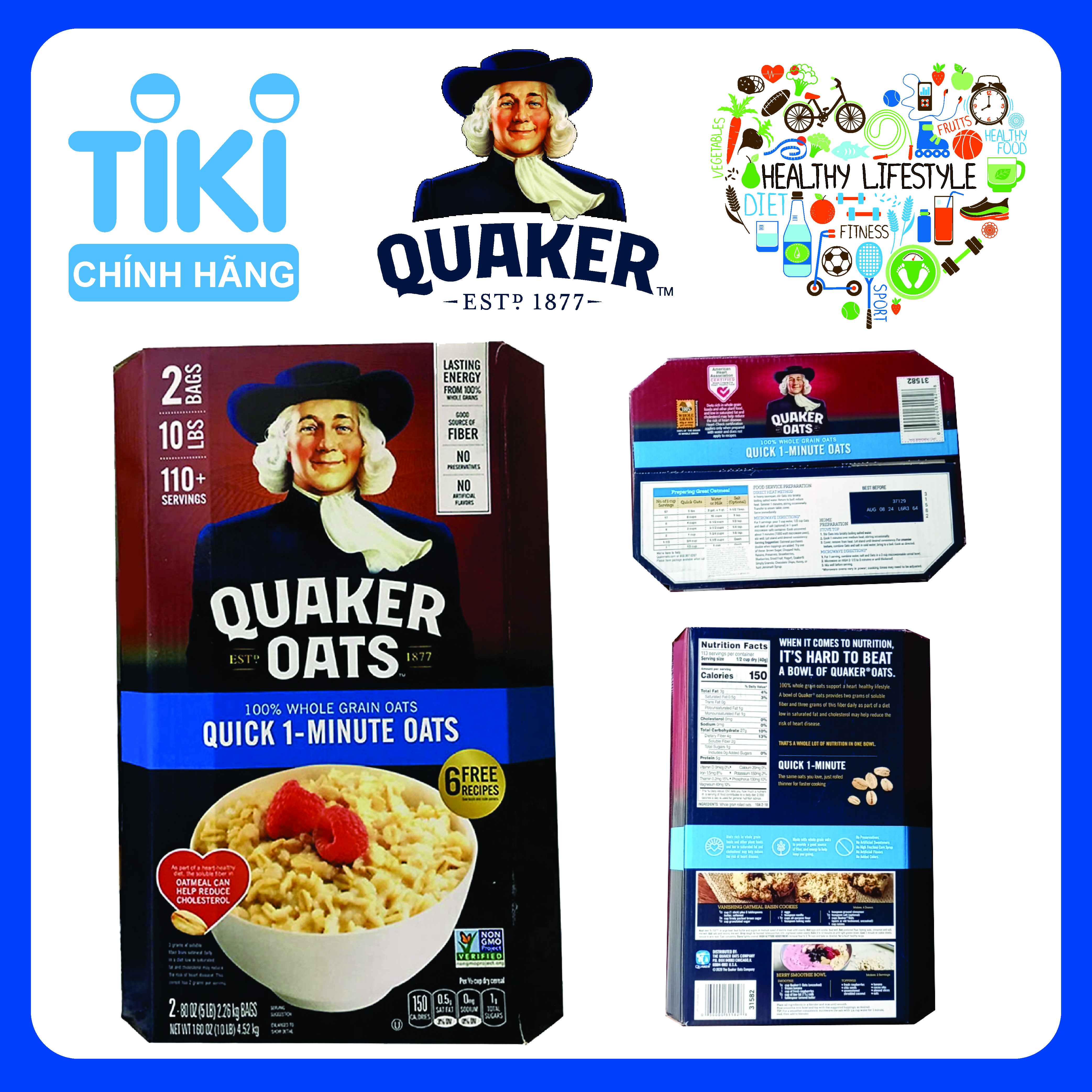 Combo 2 Thùng Yến Mạch Quaker Quick 1-Minute Oats 4.52kg/thùng