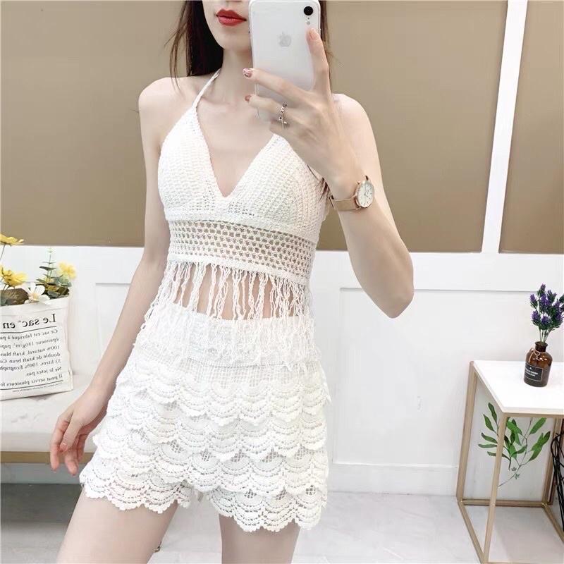03-Set bikini ren 3 món đi biển - áo bra- quần sóc- áo choàng