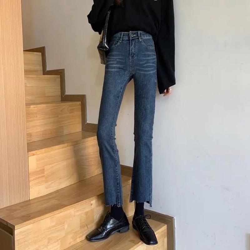 Quần Jeans Nữ Màu Xanh Ống Loe Tua Gấu Cạp Cao Ống Bó Xoè Đứng Phong Cách Ulzzang Chất Liệu Co Dãn Loại 1 Mặc Hàng Ngày