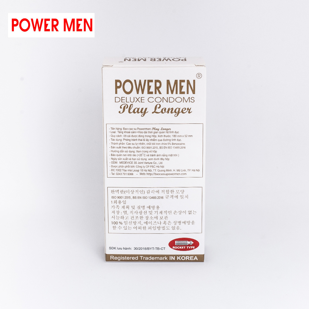 Bao cao su gân gai, kéo dài thời gian Powermen Player Longer hàng đồng hồ Hộp 9 BCS (PL9) - che tên sp khi giao hàng