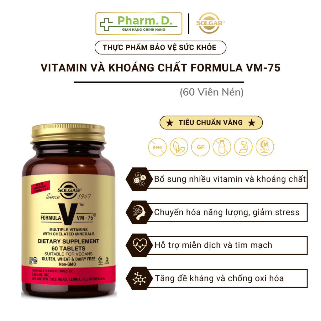 Viên Uống Solgar Formula VM-75 Bổ Sung Vitamin Và Khoáng Chất, Chống Oxy Hóa, Tăng Cường Chuyển Hóa Năng Lượng (Hộp 60 Viên)