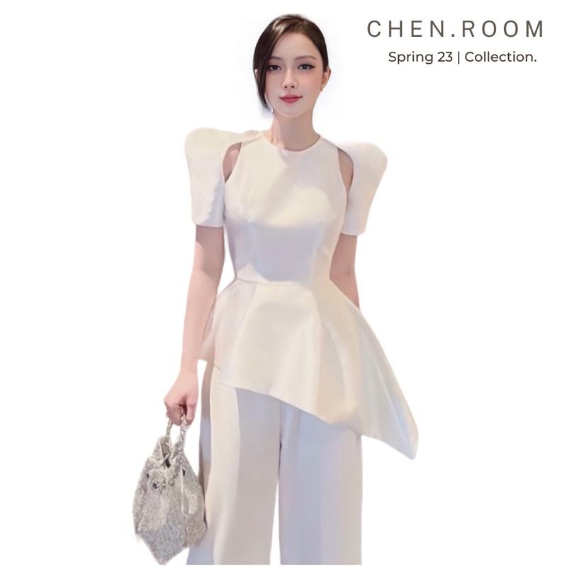 Chen.room Áo peplum tay phồng khoét 2 vai, Áo kiểu tiểu thư dự tiệc