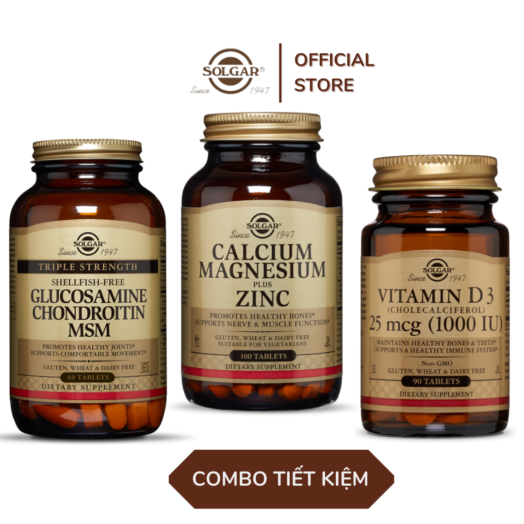 Combo Xương Khớp - Solgar Calcium Magnesium and Zinc + Vitamin D3 + Glucosamine Hỗ Trợ Phát Triển Xương,Hoạt Động Cơ Bắp