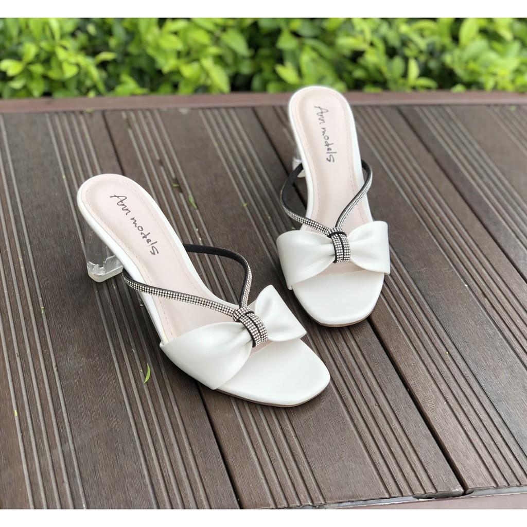 Giày sandal guốc 5 phân gót vuông thời trang phối dây đá _A10G