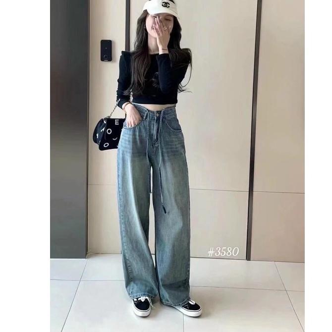 Quần baggy jean nữ ống rộng lưng cao cột dây , quần jean ống rộng kiểu dáng trẻ trung, form đẹp ulzzang nữ