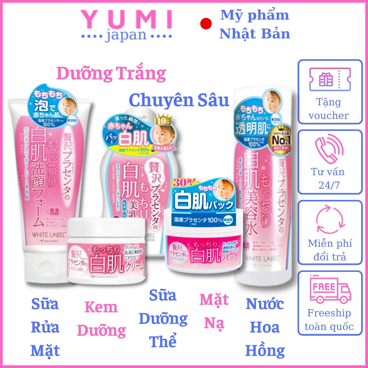 Combo Bộ 5 Dưỡng Da Trắng Mịn Nhau Thai Nhật Bản MICCOSMO White Label