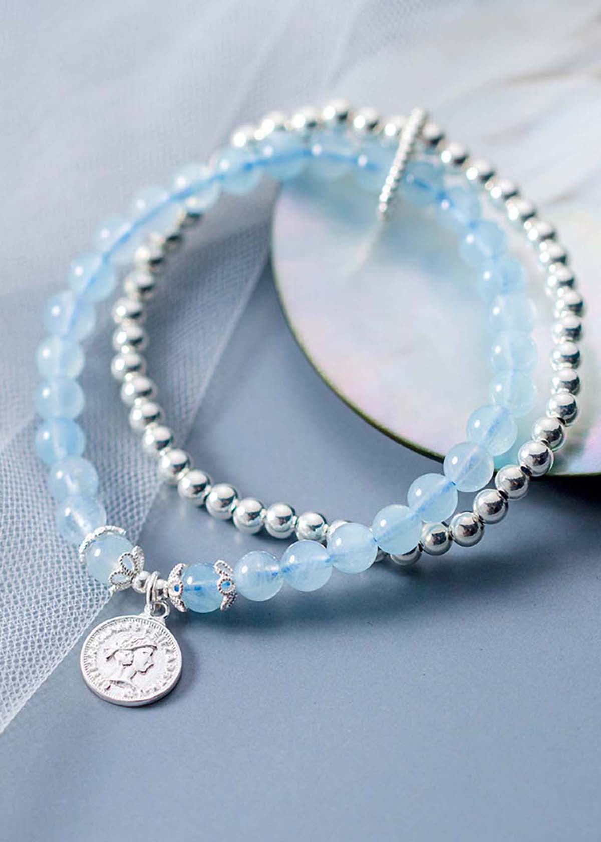 Vòng 2 line đá Aquamarine phối bi bạc mệnh thủy, mộc - Ngọc Quý Gemstones