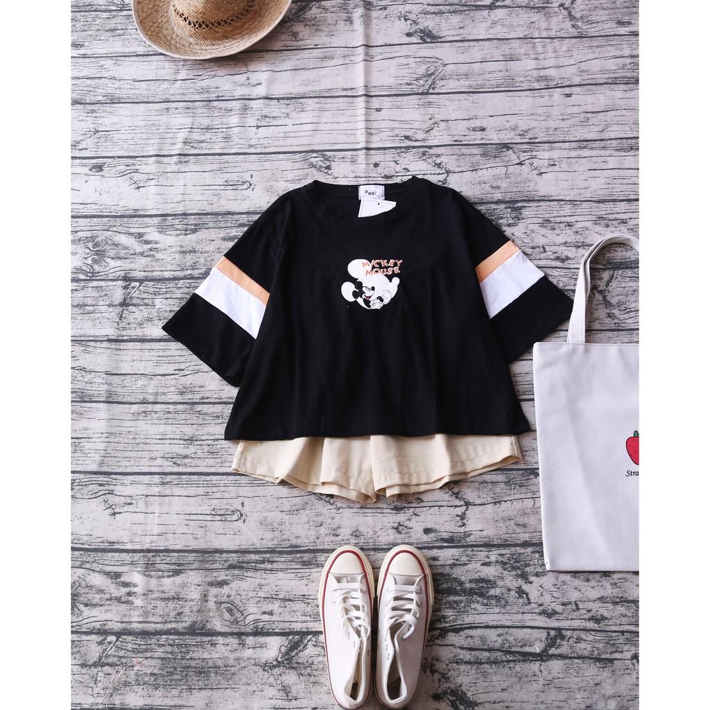 ÁO THUN THÊU HOẠT HÌNH PHỐI TAY MÀU