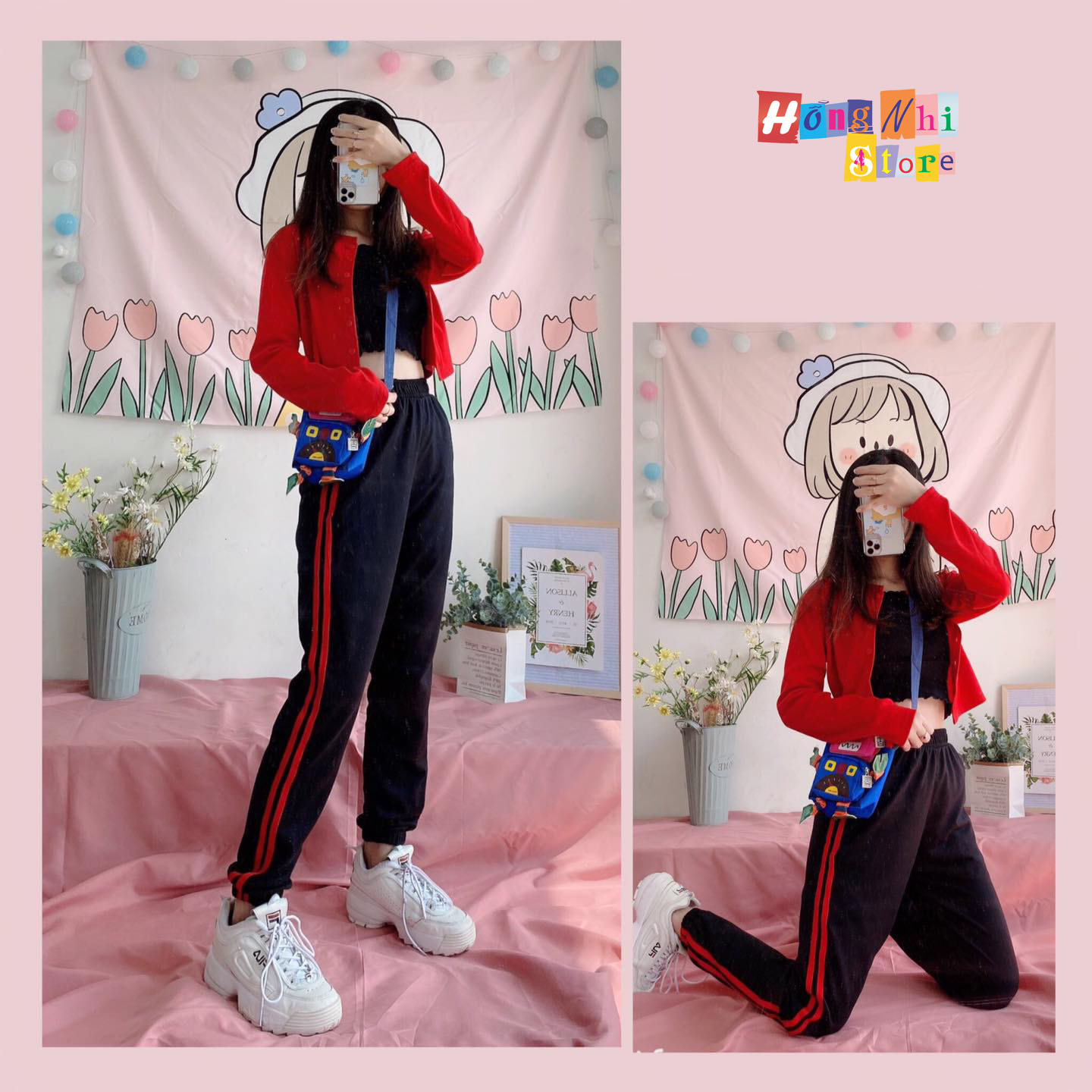 Quần Jogger Line Unisex Lưng Thun 2 Sọc Bo Lai Dáng Rộng Màu Đen Sọc Đỏ - MM