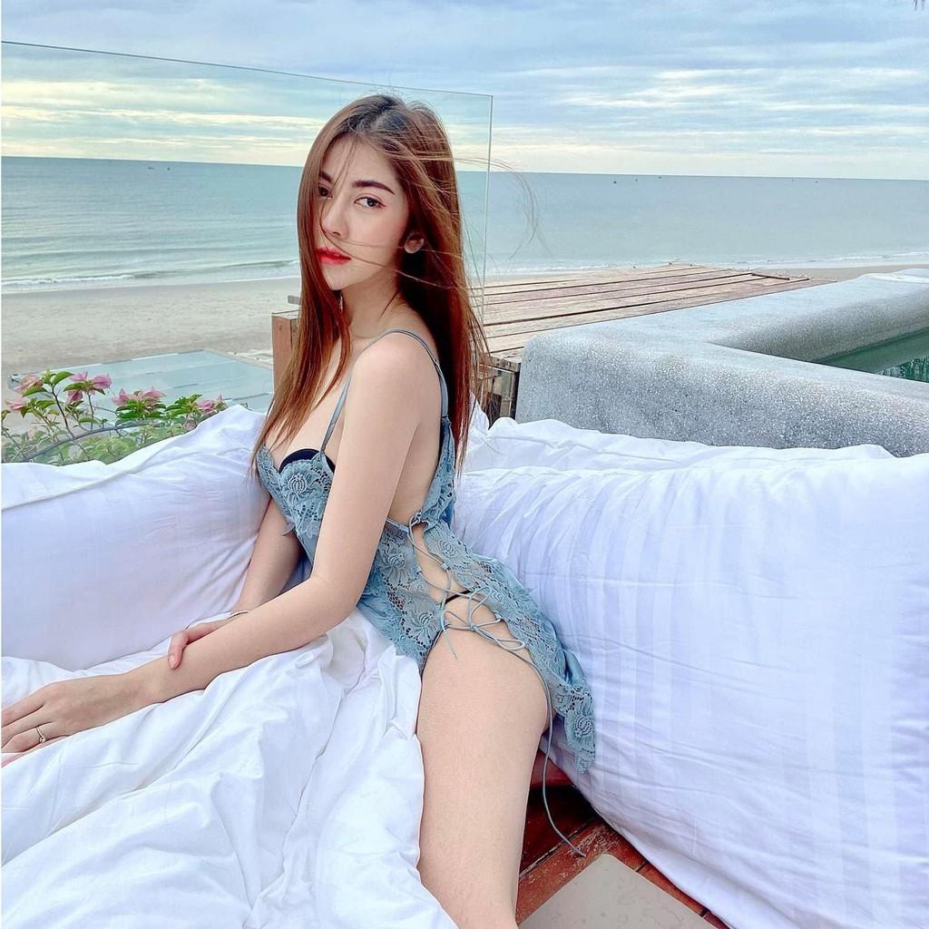 Váy ngủ sexy đan dây hông đầm ngủ lụa phối ren gợi cảm với màu đen huyền bí