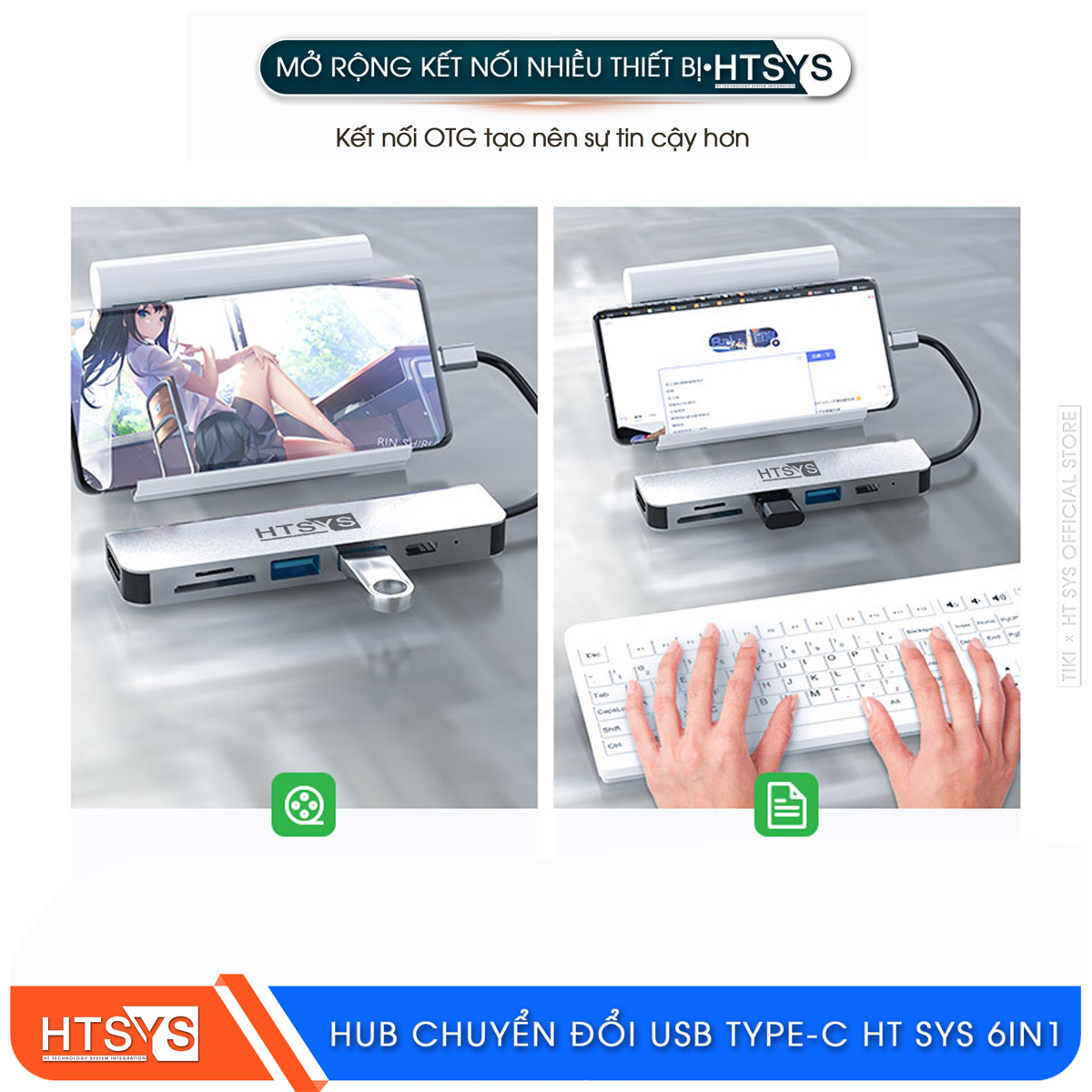 Hub Chuyển Đổi USB Type C HT SYS 6 in 1 To HDMI, USB 3.0, SD, TF, PD 100W - Hàng Chính Hãng