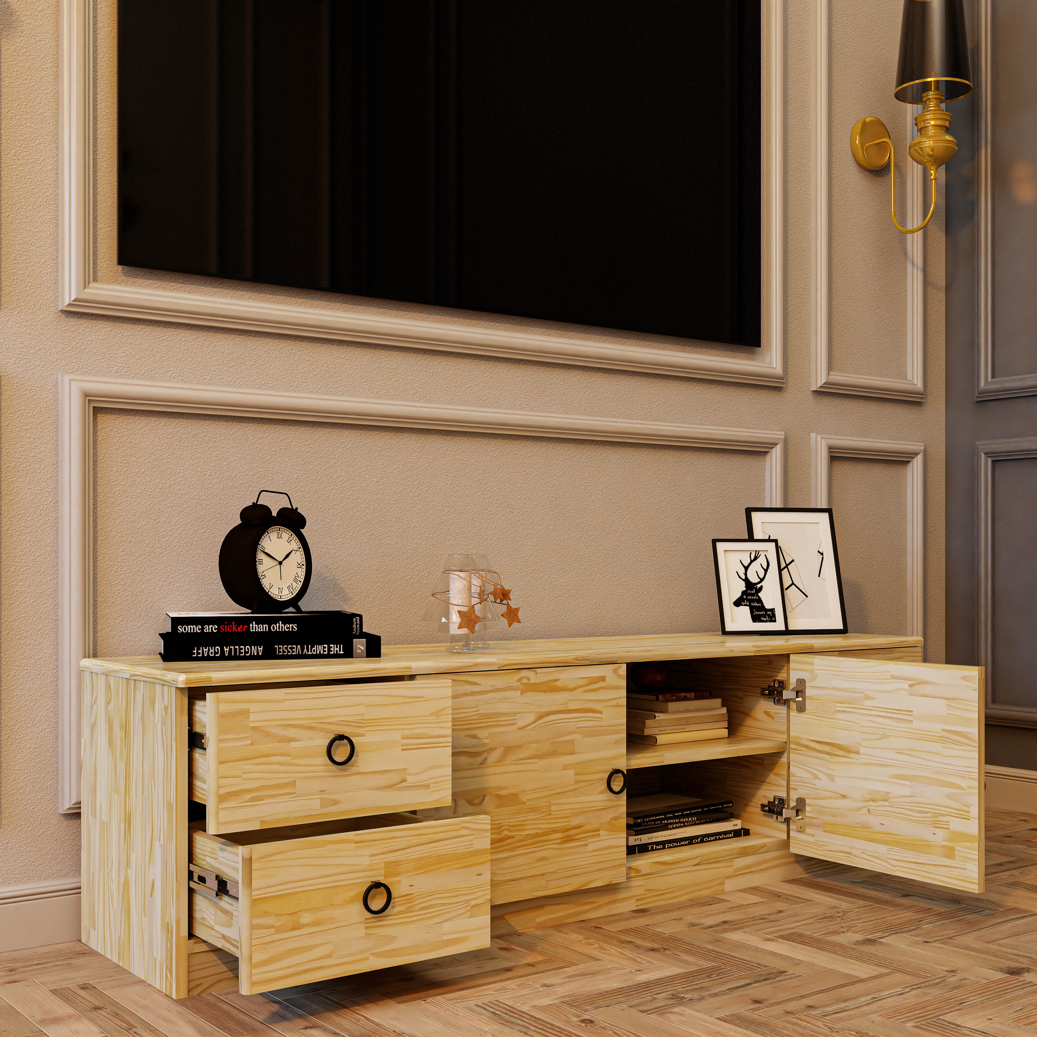 HAPPY FURNITURE , Gỗ tự nhiên , Kệ TV 2 cửa mở 4 ngăn kéo - YANNA , KTV_058_THG , 160cm x 40cm x 45cm