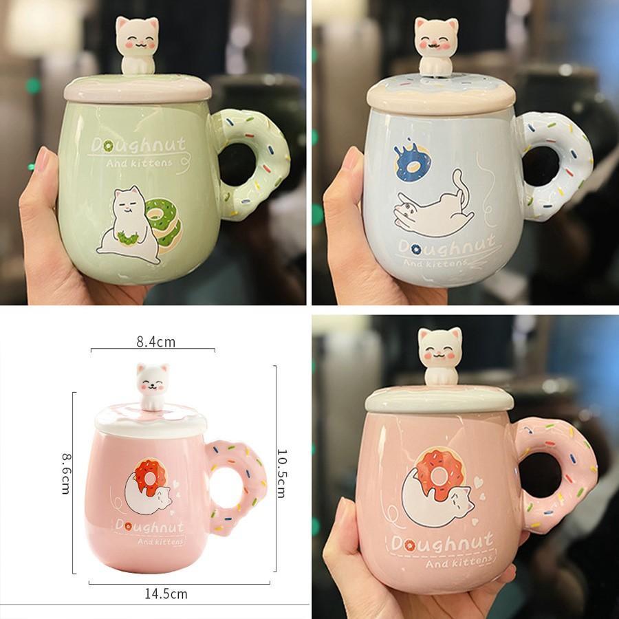 Cốc Sứ Hình Mèo 3D Doughnut Cute Có Tay Cầm Kèm Thìa, Ly Sứ Có Nắp 400ml Cỡ To Thích Hợp Làm Quà Tặng