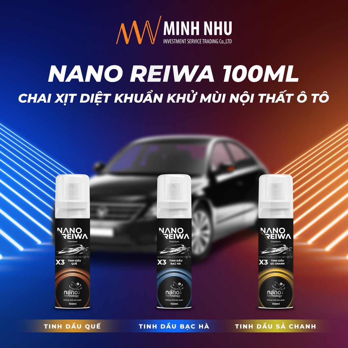 Chai xịt diệt khuẩn khử mùi ô tô xe khách bằng nano bạc Nano Reiwa 100ml được chứng nhận viện Pasteur an toàn cho trẻ em - Hàng chính hãng