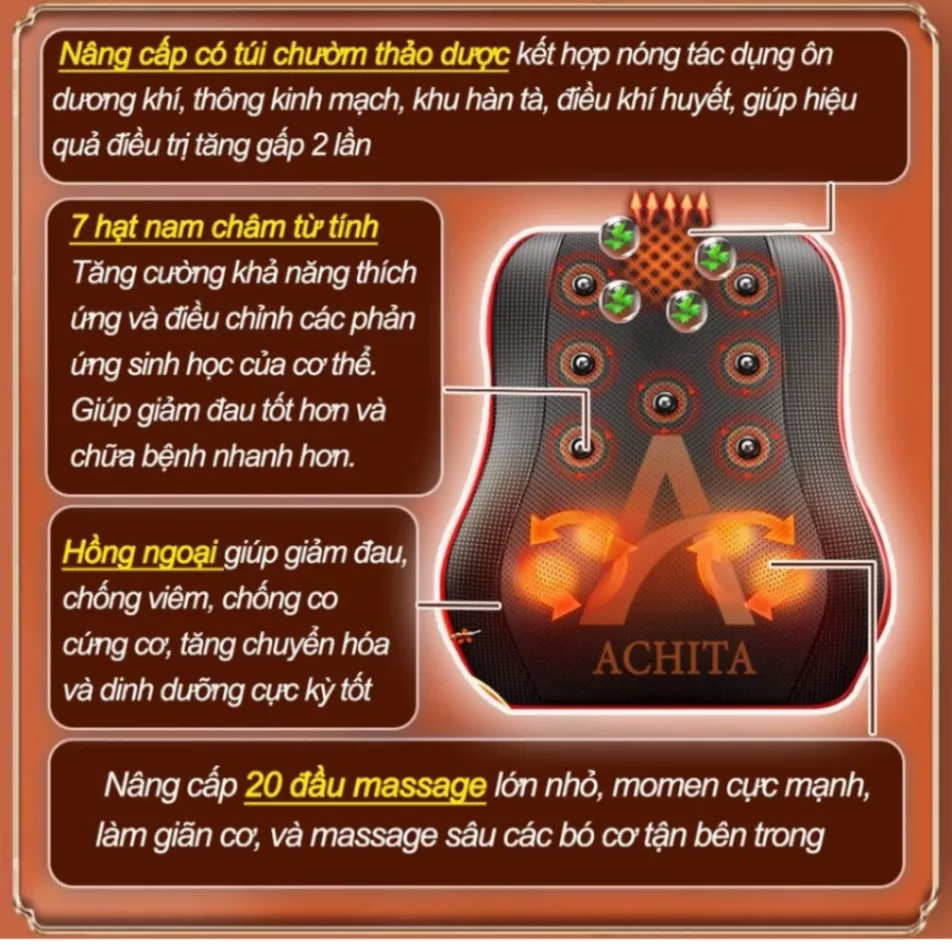Gối massage cổ vai gáy, Máy massage lưng hồng ngoại trị liệu 20 đầu bi massage cùng chế độ rung
