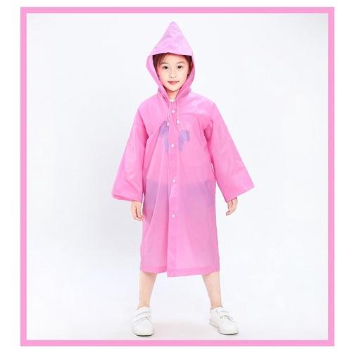 Áo Mưa Trẻ Em, Áo Mưa Trong Suốt Có Mũ Trùm Đầu Phối Nút Và Dây Rút Chống Nước Màu Trơn Cho Bé