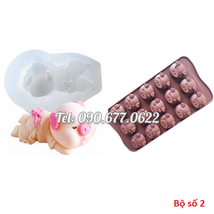 Bộ 2 khuôn silicone làm bánh, rau câu heo con tắm tiên và khuôn mặt heo – Mã số 1251