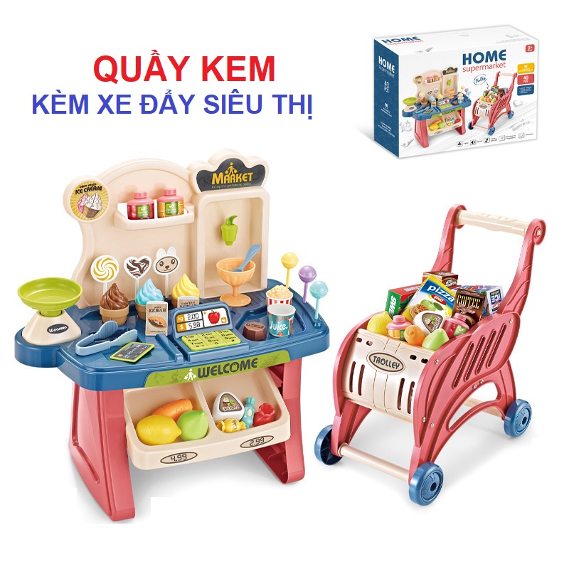 Xe đẩy siêu thị cho bé nhập vai bán hàng kèm đồ chơi quầy kem 40 chi tiết tăng trí thông minh, quà tặng sinh nhật cho bé