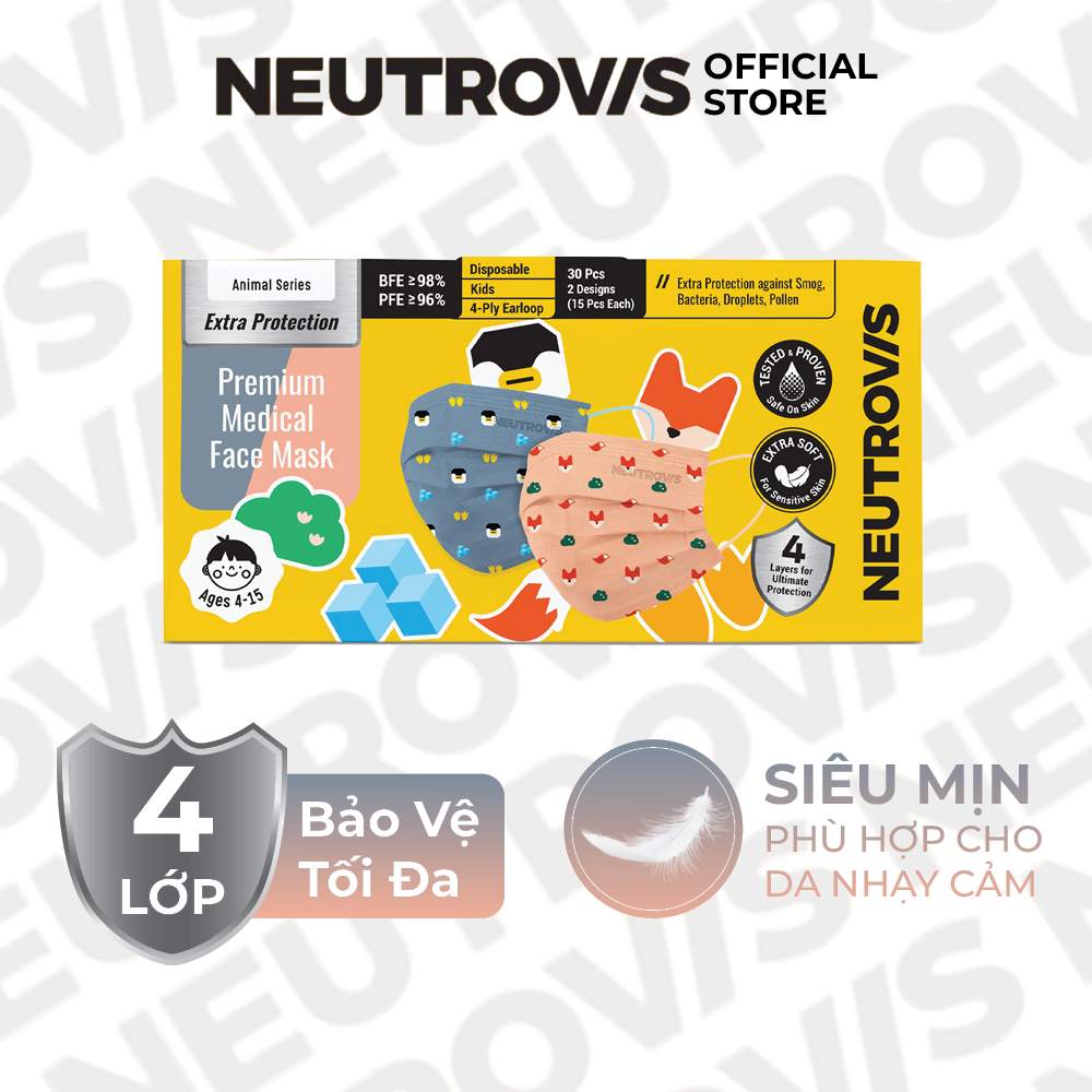 Khẩu Trang Trẻ Em Cao Cấp Kháng Khuẩn 4 Lớp Neutrovis - Chim &amp; Cáo (30 Cái/Hộp)