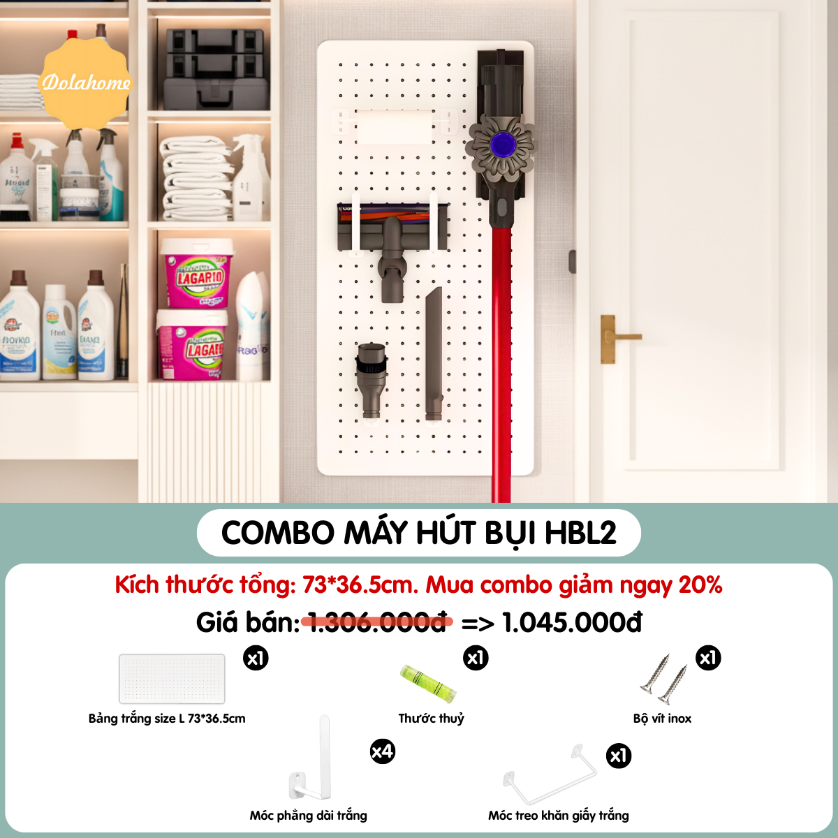 Bảng lỗ Pegboard Dola Home kim loại cao cấp. Kệ để máy hút bụi Dyson, đồ dùng gia đình và dụng cụ vệ sinh nhà cửa