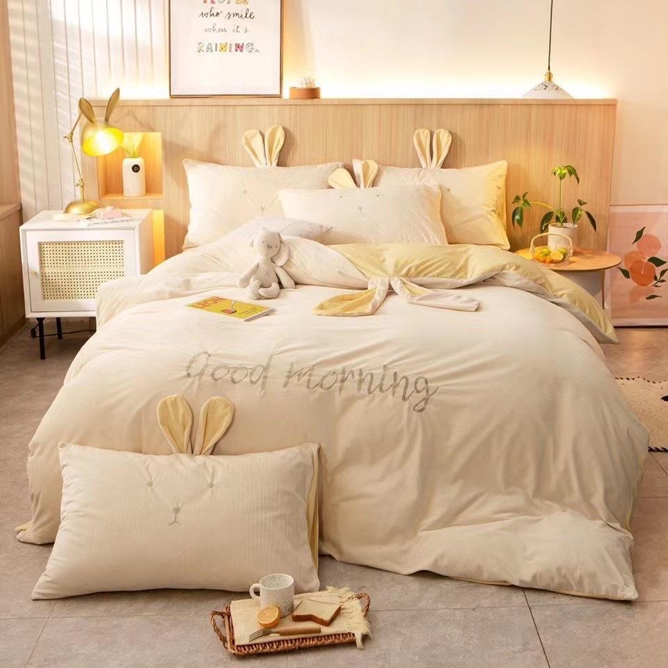 Bộ Chăn Ga Gối Nỉ Nhung HIN BEDDING, Bộ Chăn Ga Gối Nỉ Tai Thỏ Đáng Yêu Mềm Mịn Cao Cấp