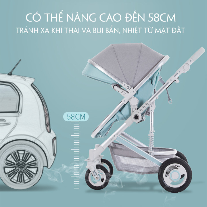 Xe đẩy 2 chiều, Xe đẩy xe nôi đi bộ cho bé cao cấp 2 chiều 3 tư thế ngả, nôi tháo rời có giảm xóc